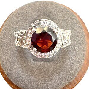 VTG Sterling Silver 925 Garnet Prong Set Beaded Band Halo Design Ring Size 5.25